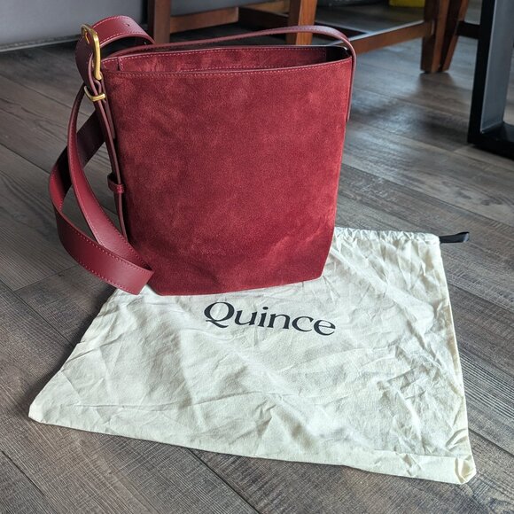 Quince Italian Suede Bucket Crossbody Leather Bag Merlot Burgundy Brass Minimal - Picture 4 of 13
